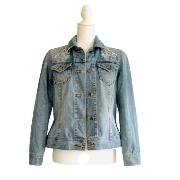 Coldwater Creek Jean Jacket Light Wash Distressed White Embroidered Denim  4P - Picture 12 of 12